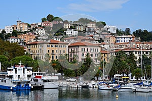 Town Overlooking Boats Moored at Porto Mirabello, La Spezia, Liguria, Italy