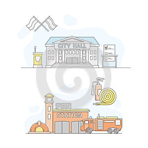 Town public building set. City hall and fire station facade, commercial property vector illustration