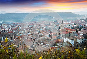 Town in Pyrenees in sunset time. Berga, Catalonia