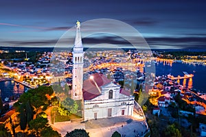 Town of Rovinj historic church and architecture evening view