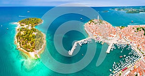 Town of Rovinj historic peninsula and Sveta Katarina island aerial view