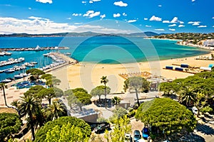 Town of Sainte Maxime beach and waterfront aerial panoramic view photo