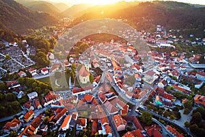 Town of Samobor aerial burning sunset view