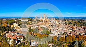 Town of San Gimignano, Tuscany, Italy with its famous medieval towers. Aerial view of the medieval village of San Gimignano, a