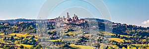 Town of San Gimignano, Tuscany, Italy with its famous medieval towers. Aerial view of the medieval village of San Gimignano, a