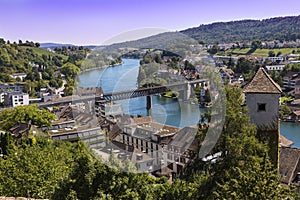 Town Schaffhausen, Switzerland. River Rhine and the railway bridge.