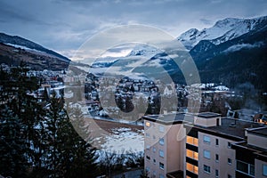 the town of Scuol in Switzerland at dawn