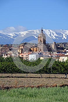 Town and Sierra Nevada mountains, Guadix, Spain.