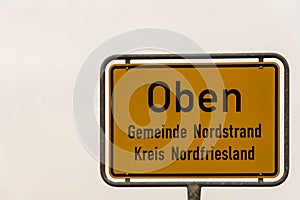 Town sign of the village of Oben on Nordstrand peninsula, Germany