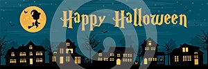 Town silhouette with a witch pumpkins and bats at night Happy halloween banner