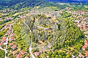 Town of Sinj in Dalmatia hinterland fortress hill aerial view