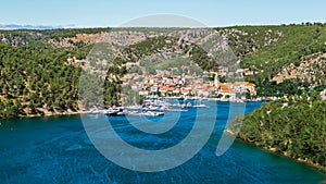 Town of Skradin on Krka river in Dalmatia, Croatia viewed from distance