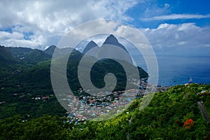 The Town of Soufriere in Saint Lucia with the Pitons in the Background