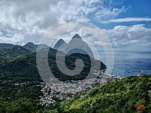 The Town of Soufriere in Saint Lucia with the Pitons in the Background