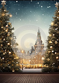 A town square adorned with a towering Christmas tree and a nativity scene watercolor winter border