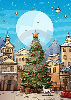 A town square adorned with a towering Christmas tree and a nativity scene watercolor winter border