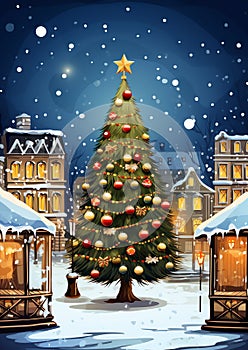 A town square adorned with a towering Christmas tree and a nativity scene watercolor winter border