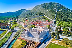 Town of Ston and historic walls aerial view