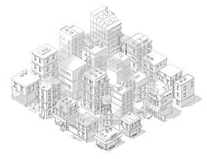 Town street Intersection road. Buildings Isometric top view. Gray lines outline contour vector style with shadows.