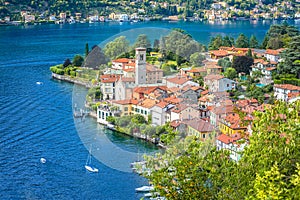 Town of Torno on Como lake aerial view photo