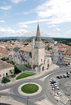 Town traffic circle and church