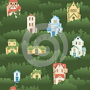 Town among the trees. Seamless illustration with cartoon village or city houses. Day. Nice cozy private residence in