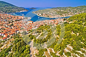 Town of Vela Luka on Korcula island aerial panoramic view photo