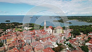 Town of Vrsar archipelago and historic architecture aerial view,