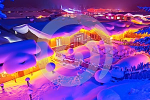 The town was covered with snow nightscape