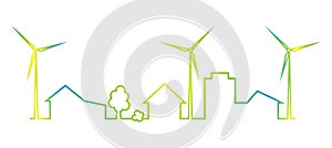 Town and wind power plant, multicolored icon