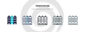 Townhouse icon in different style vector illustration. two colored and black townhouse vector icons designed in filled, outline,