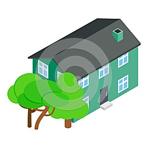 Townhouse icon isometric vector. Two storey residential building and green tree