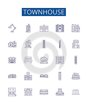 Townhouse line icons signs set. Design collection of Townhome, Townhouse, Rowhouse, Villa, Cottage, Bungalow, Duplex