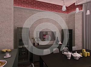 Townhouse in loft style. Interior design for home. 3d render dining room for inspiration