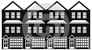 Townhouse with Tandem Garage Black and White vector Illustration