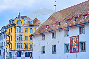 Townhouses with scenic medieval murals in Altstadt of Lucerne, Switzerland