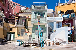 The townscape of the Collicella coast in Procida, Italy