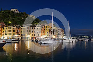 Townscape of Portofino at dusk, Liguria, Italy