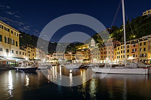 Townscape of Portofino at dusk, Liguria, Italy