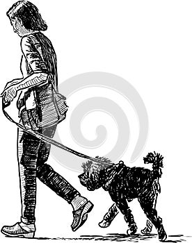 A townswoman and her dog go on a stroll photo