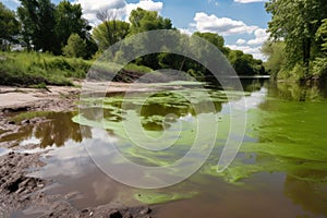 a toxic algae bloom on a riverbank due to agricultural runoff