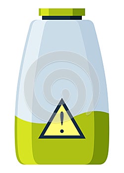 Toxic chemical barrel. Steel tank with dangerous waste. Container with attention icon in flat style. Dangerous substance