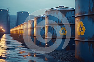 Toxic containment Barrels, radioactive waste storage facility, cautionary symbol