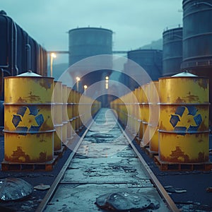 Toxic containment Barrels, radioactive waste storage facility, cautionary symbol