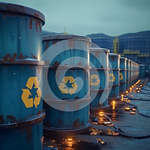 Toxic containment Barrels, radioactive waste storage facility, cautionary symbol