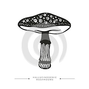 Toxic Fantasy Pslocybin Mushroom. Black and white drawing of a magical surreal hallucinogenic mushroom. Vector illustration