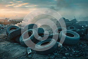 Toxic landfill full of rubber burning tires junkyard pollution waste disposal environmental disaster government
