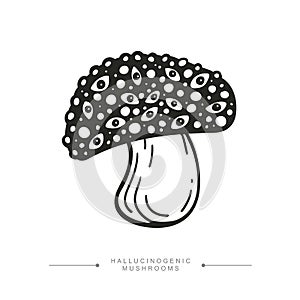 Toxic magical hallucinogenic mushroom. Black and white drawing of psilocybin mushroom. Vector illustration