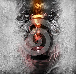 Toxic. A man in a gas mask in the smoke. artistic background photo