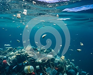 Toxic plastic waste floating underwater in the ocean. Water Environmental Pollution Plastic Problem. Waste problem. Beach